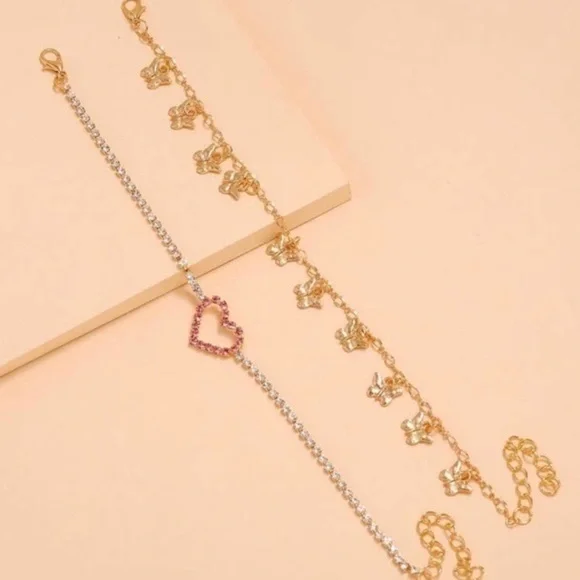 3/$30 💛 Rhinestone Heart Butterfly Charm Anklet - Picture 3 of 4